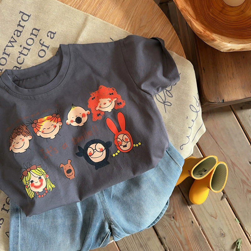Kids Cartoon Smile Printed Unisex T-Shirts – Grey and Off White