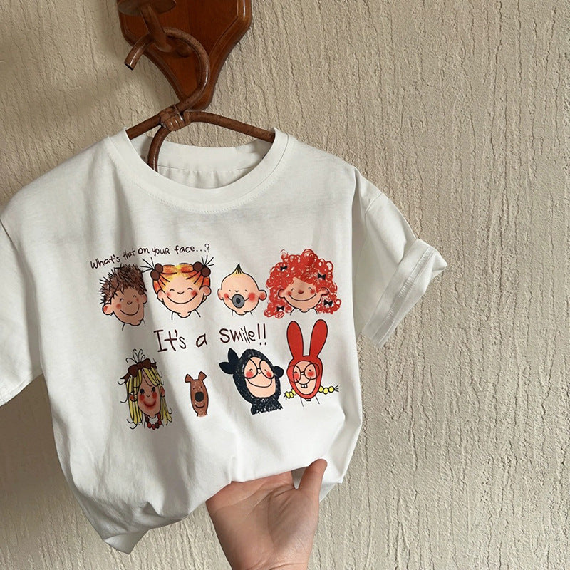 Kids Cartoon Smile Printed Unisex T-Shirts – Grey and Off White