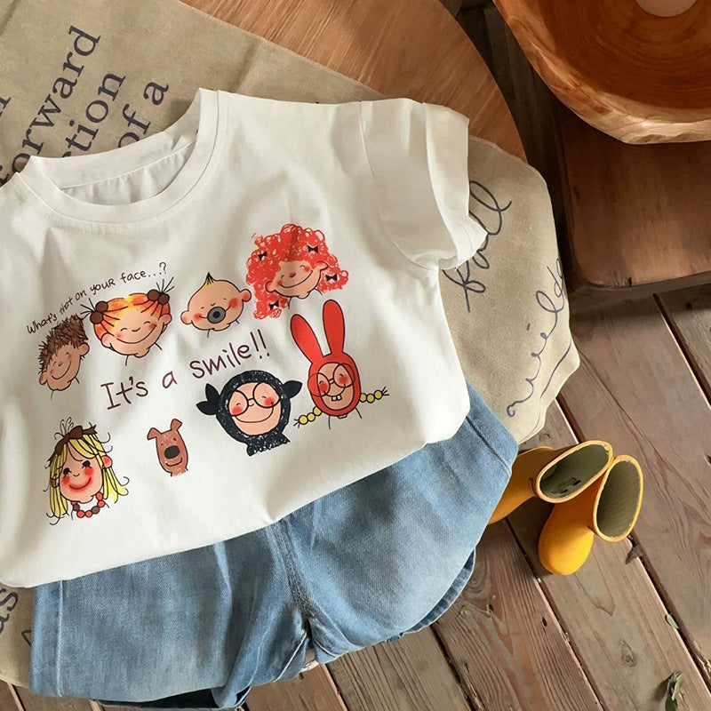 Kids Cartoon Smile Printed Unisex T-Shirts – Grey and Off White