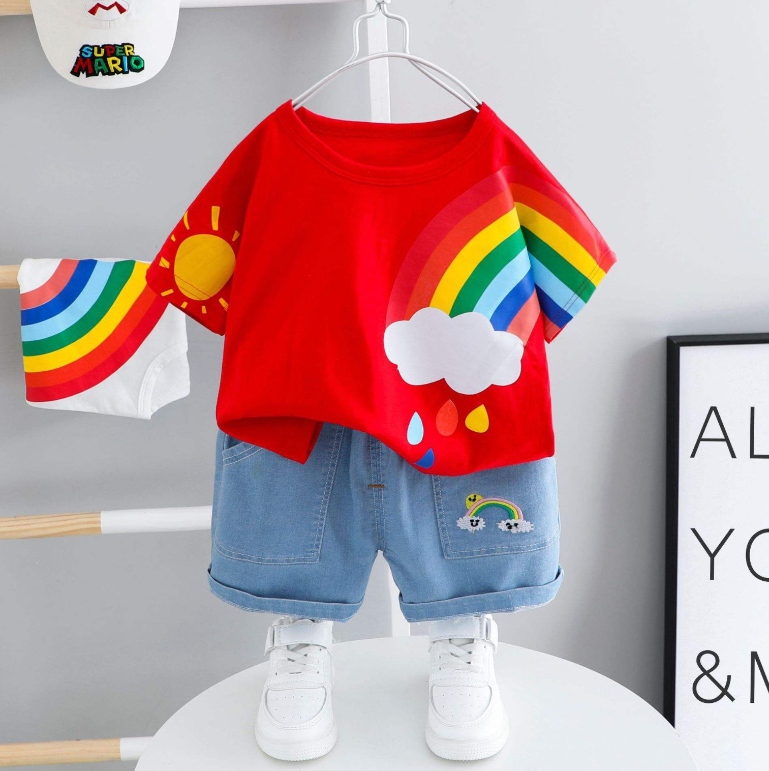 Rainbow Tshirt and Denim Shorts Set in Red, Blue and White.