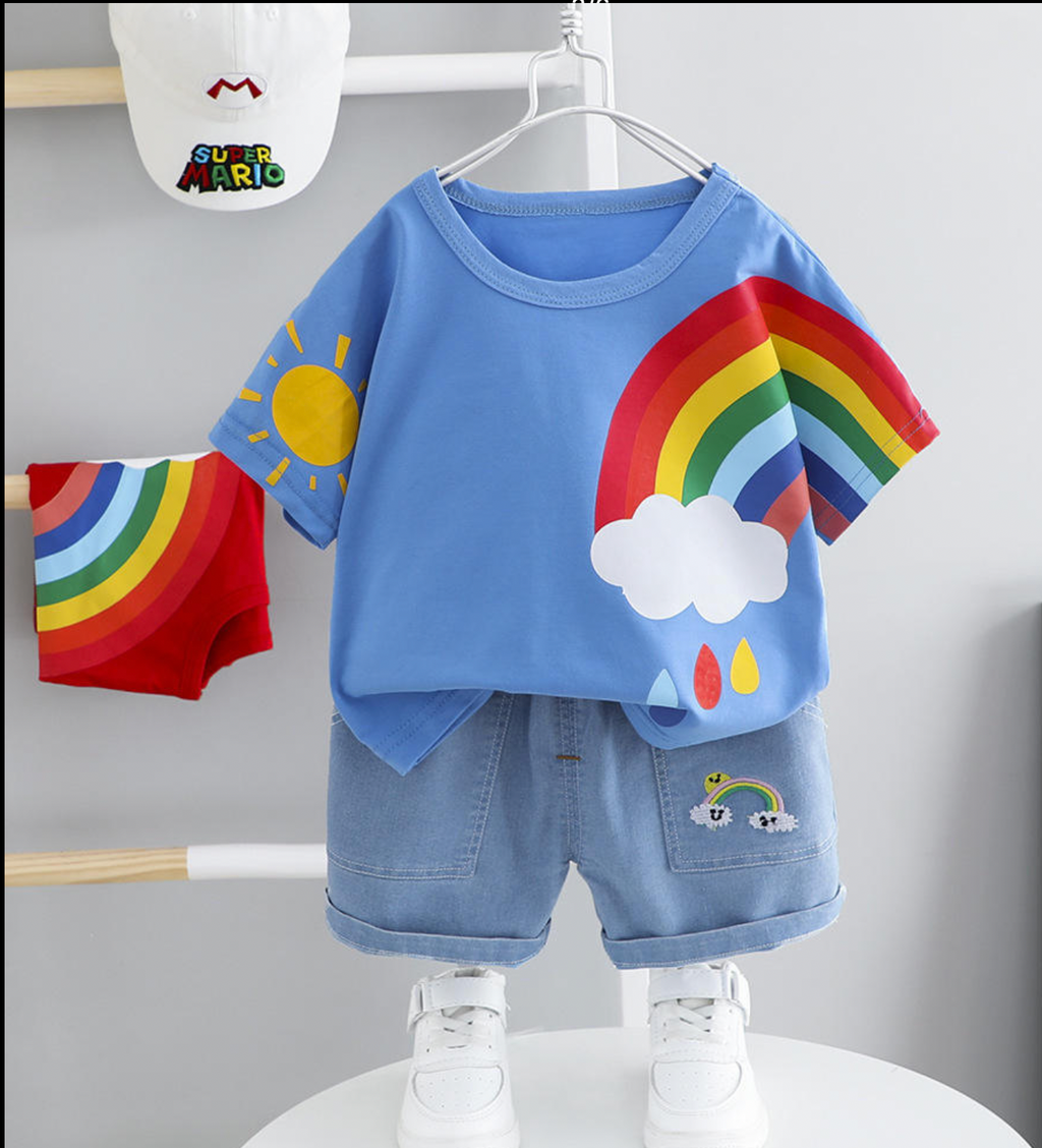 Rainbow Tshirt and Denim Shorts Set in Red, Blue and White.