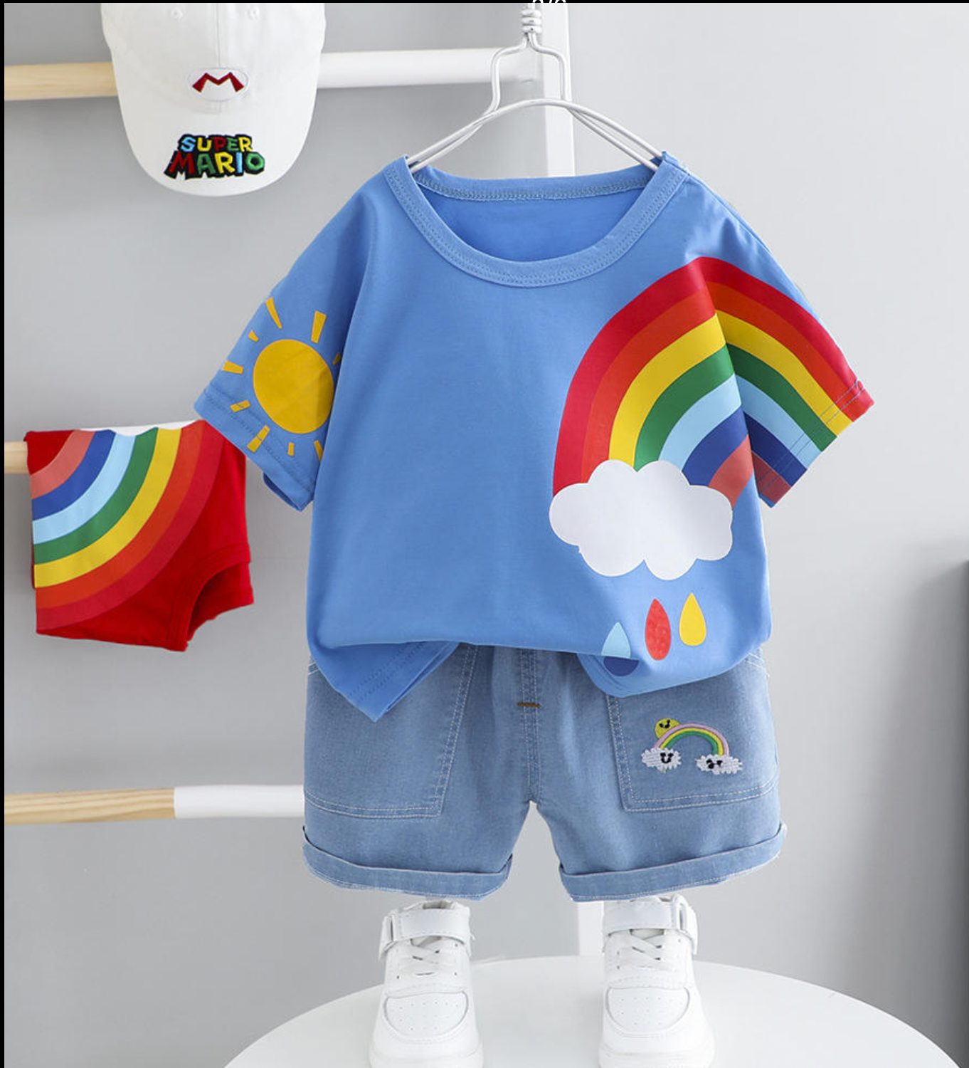 Rainbow Tshirt and Denim Shorts Set in Red, Blue and White.