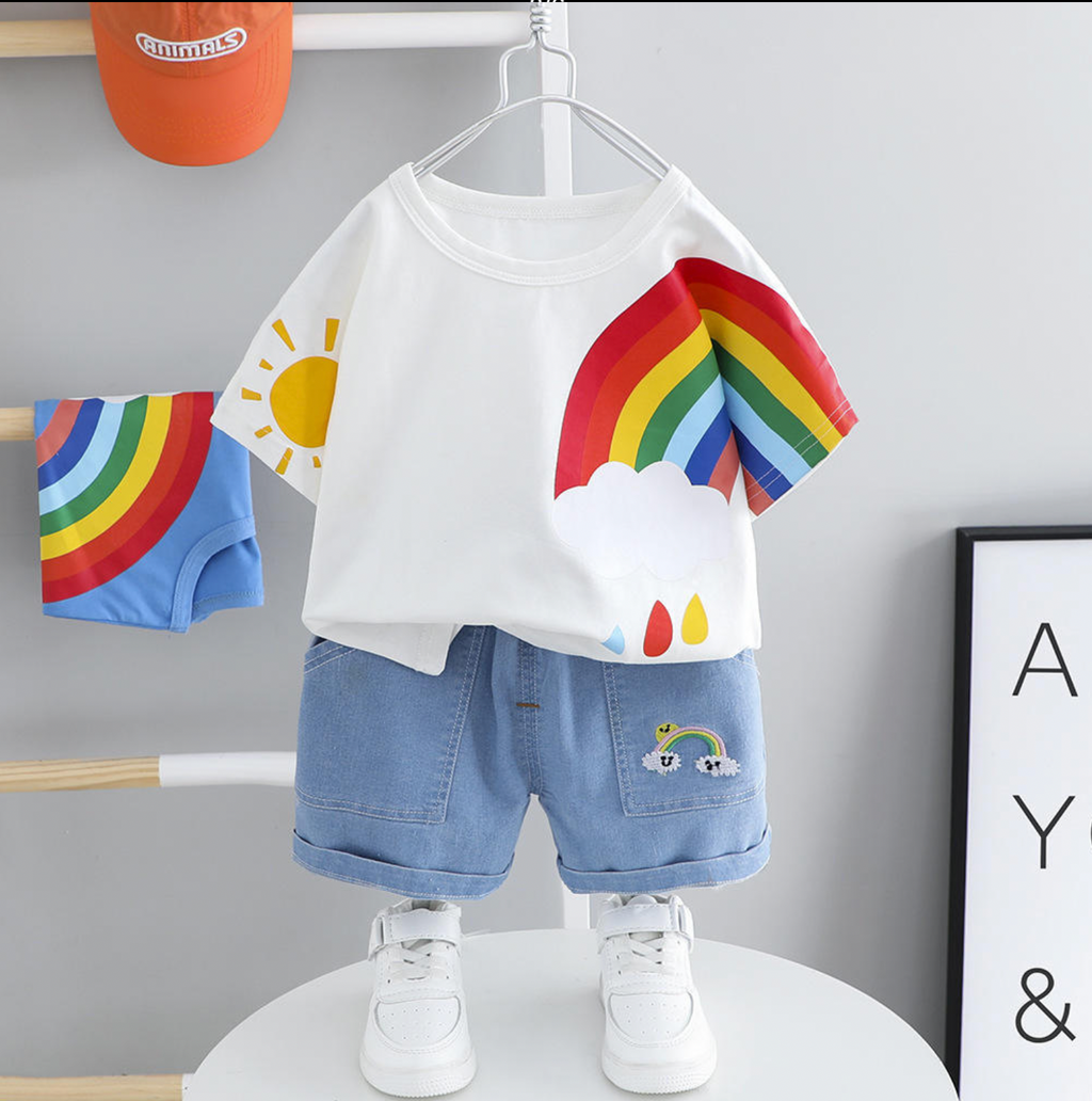 Rainbow Tshirt and Denim Shorts Set in Red, Blue and White.
