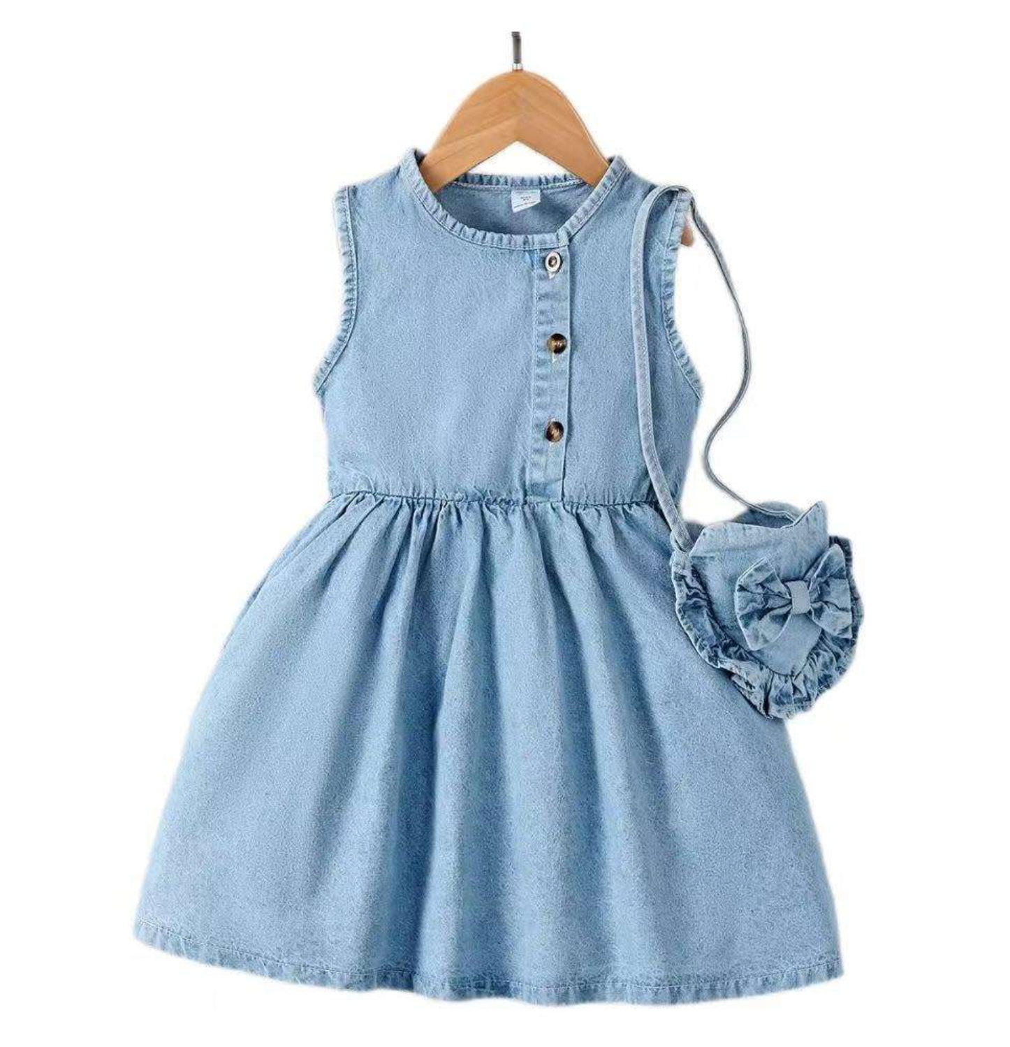 Adorable sleeveless denim dress for girls, complete with a matching ruffle purse!