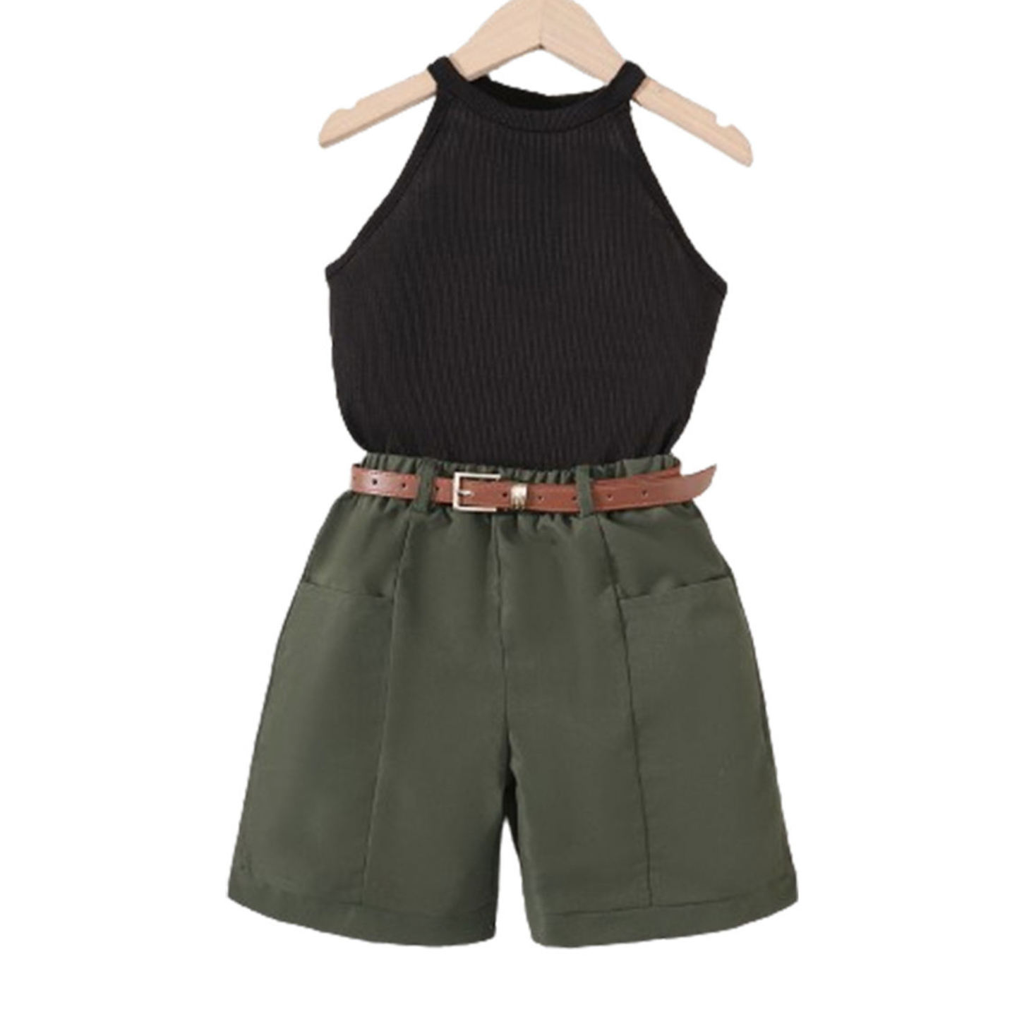 Girls’ co-ord set in black and olive green