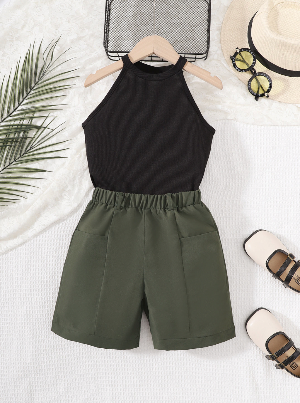 Girls’ co-ord set in black and olive green