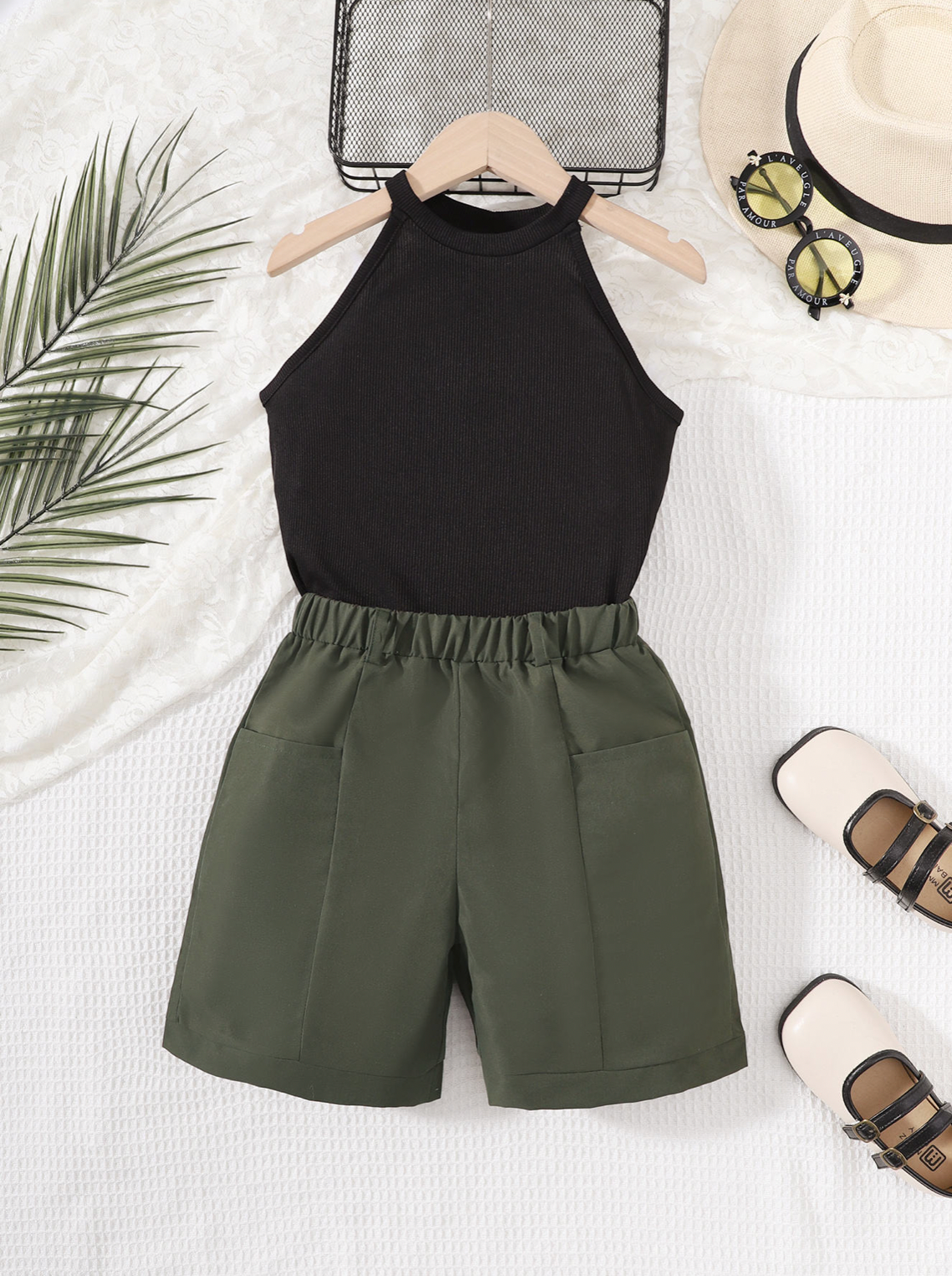 Girls’ co-ord set in black and olive green