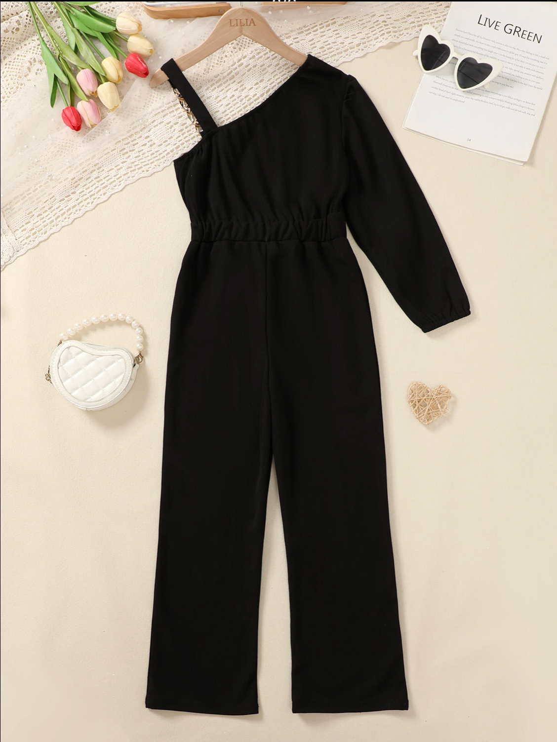 Stunning black one-shoulder jumpsuit for girls age 7-12 Years