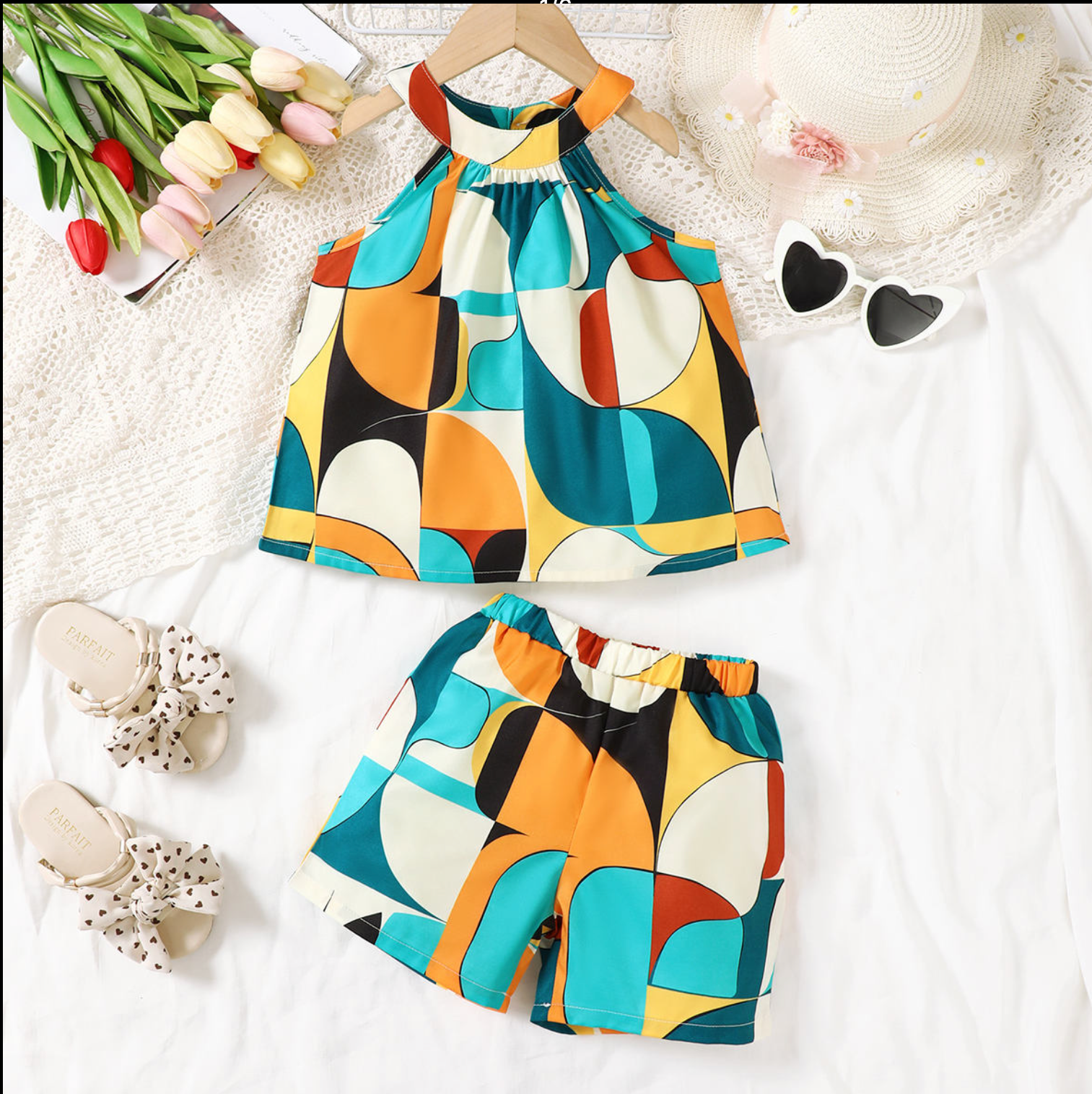 GEOMETRIC HALTER NECK TOP WITH SHORTS