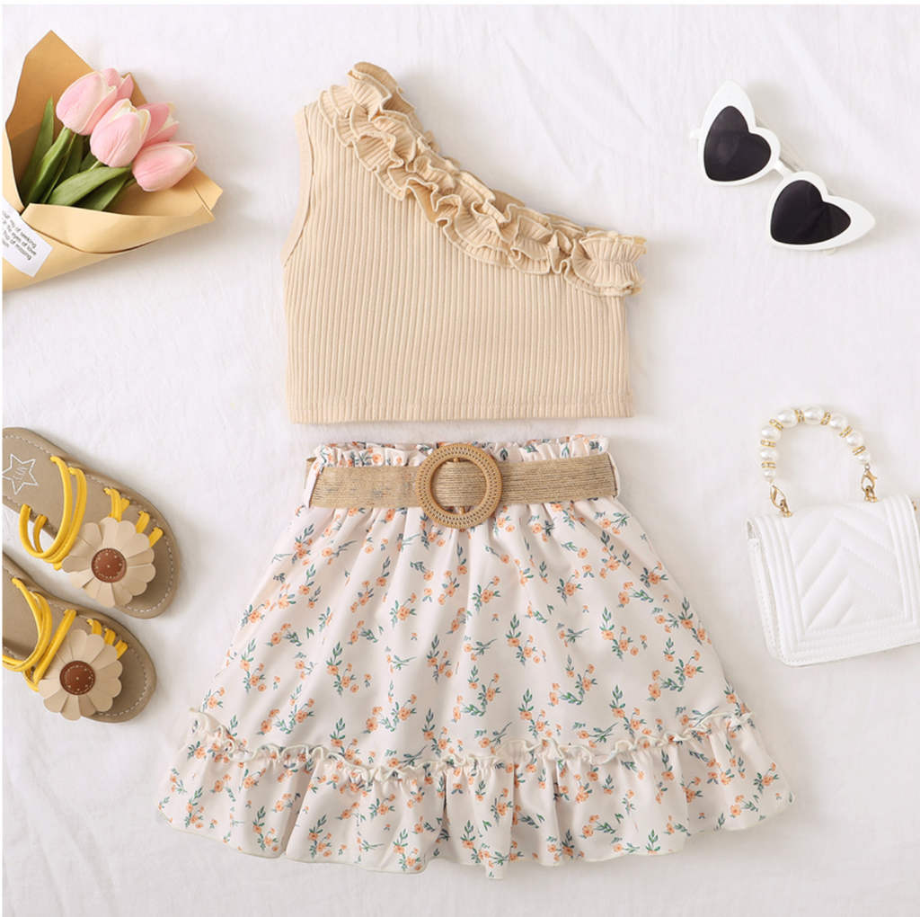 Girls' One Shoulder Ruffle Top with Belted Floral Skirt Set