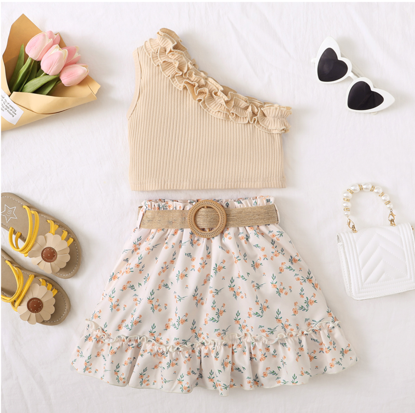 Girls' One Shoulder Ruffle Top with Belted Floral Skirt Set