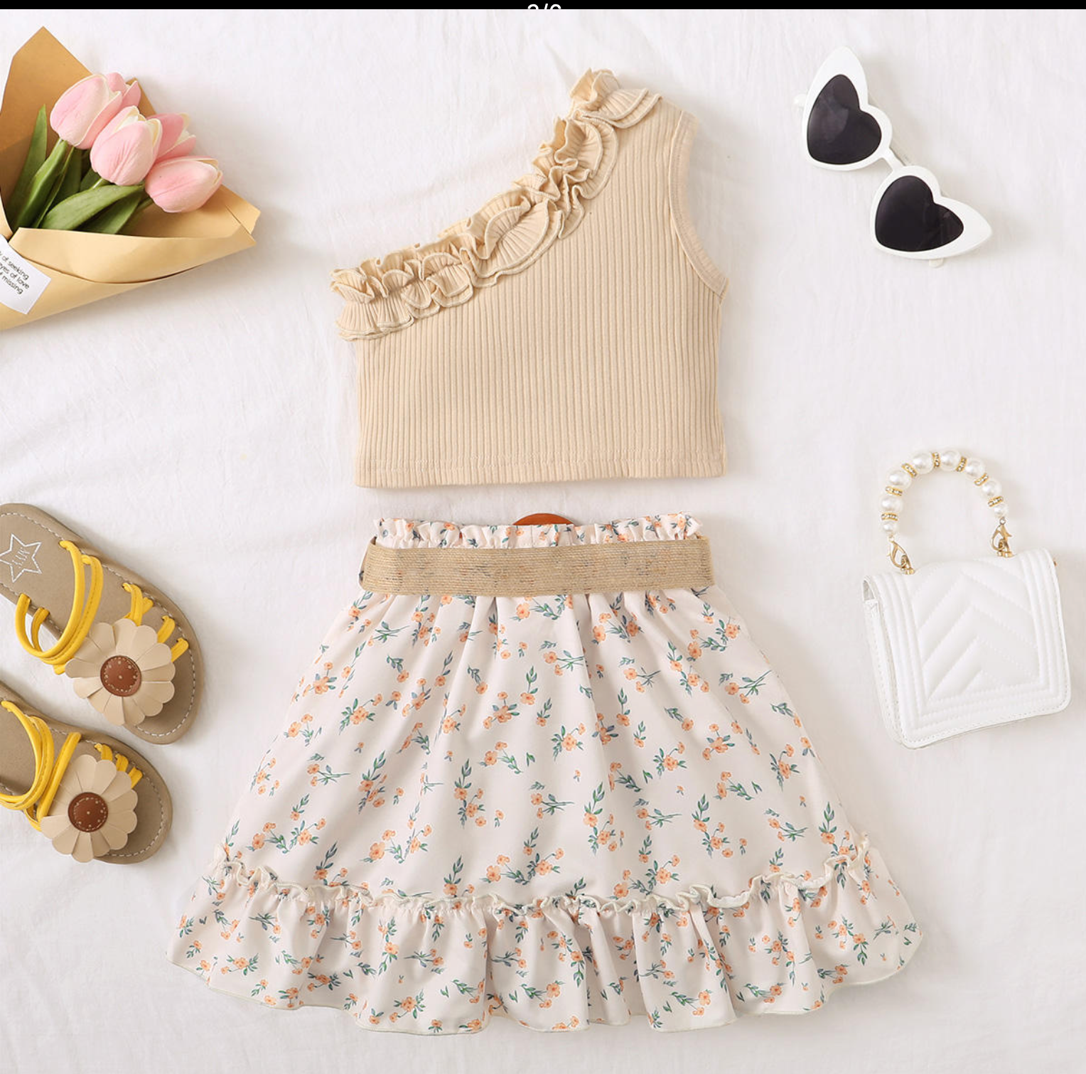 Girls' One Shoulder Ruffle Top with Belted Floral Skirt Set