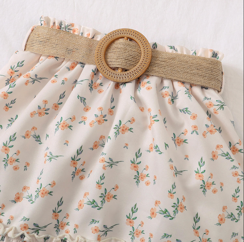 Girls' One Shoulder Ruffle Top with Belted Floral Skirt Set