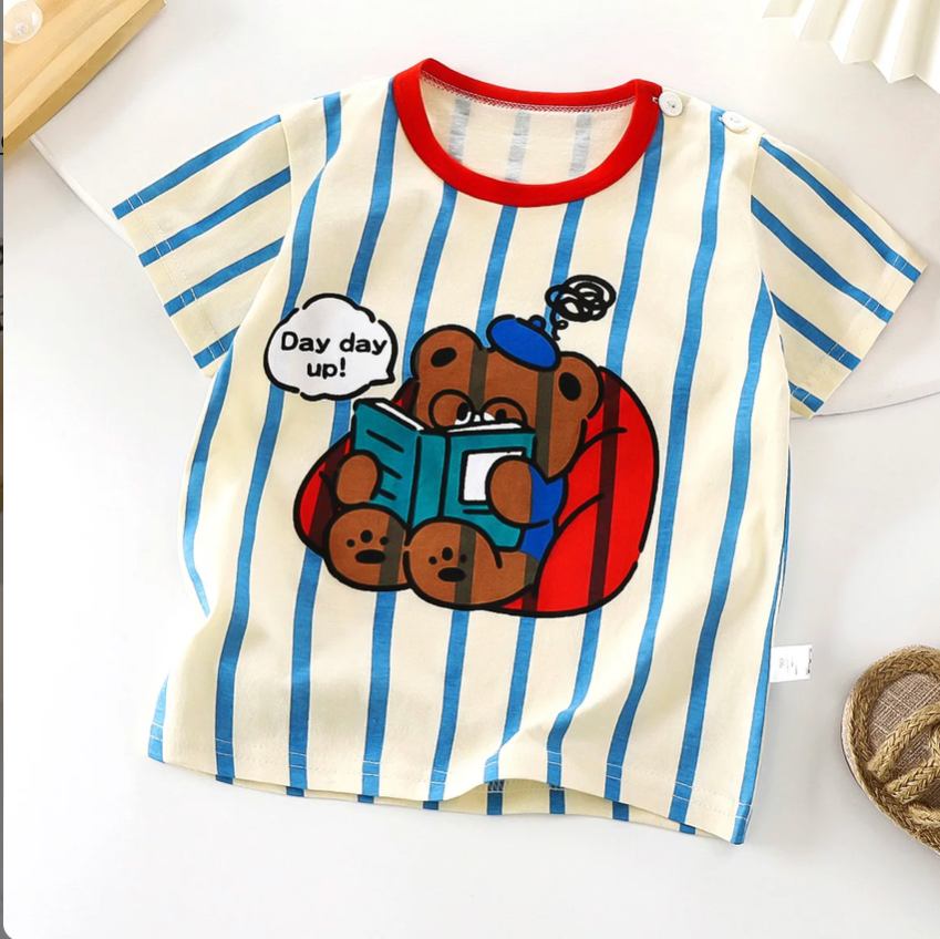 Kids Tshirt with classic blue stripes and Red neckline