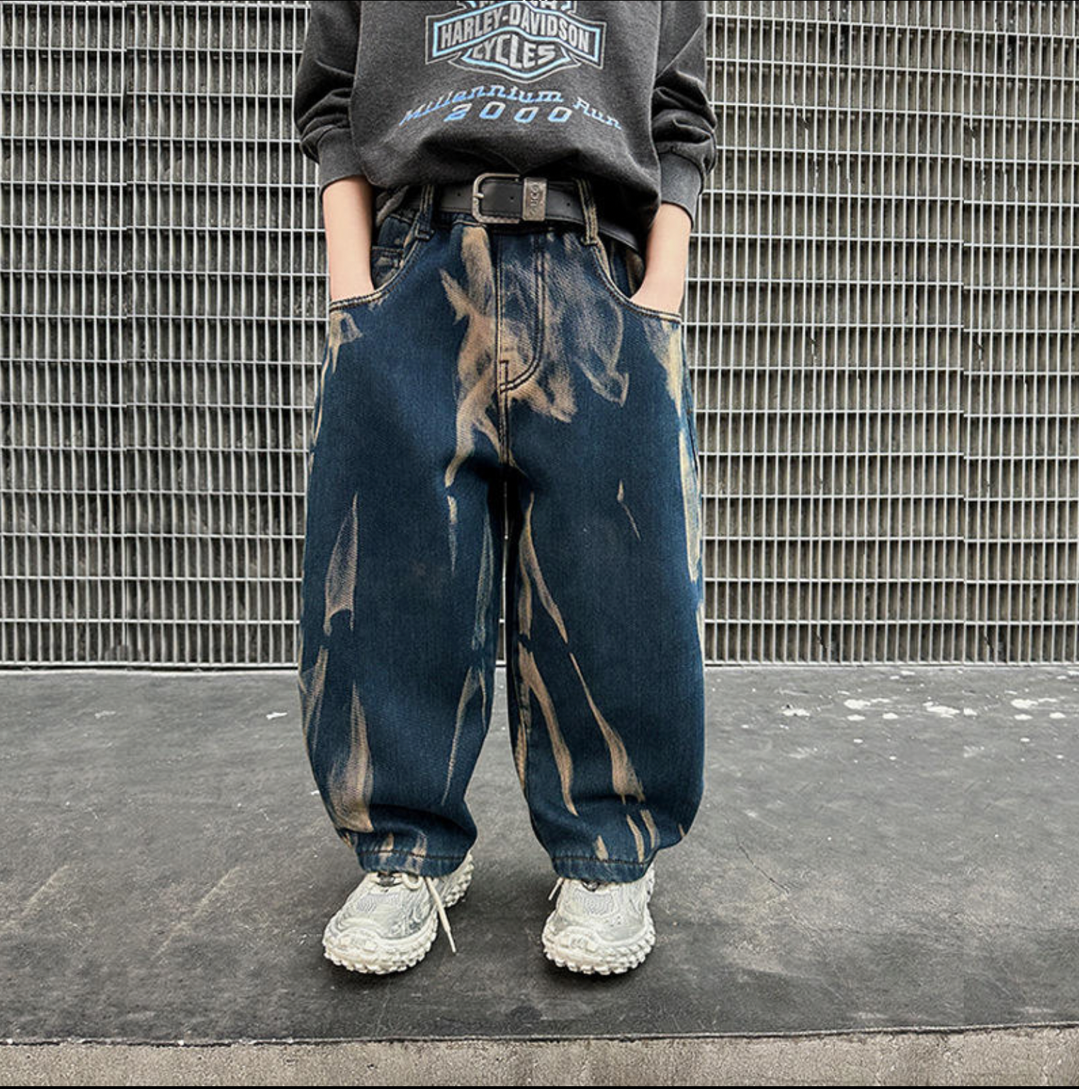 Korean Style Boys Baggy Marble Denim Jeans