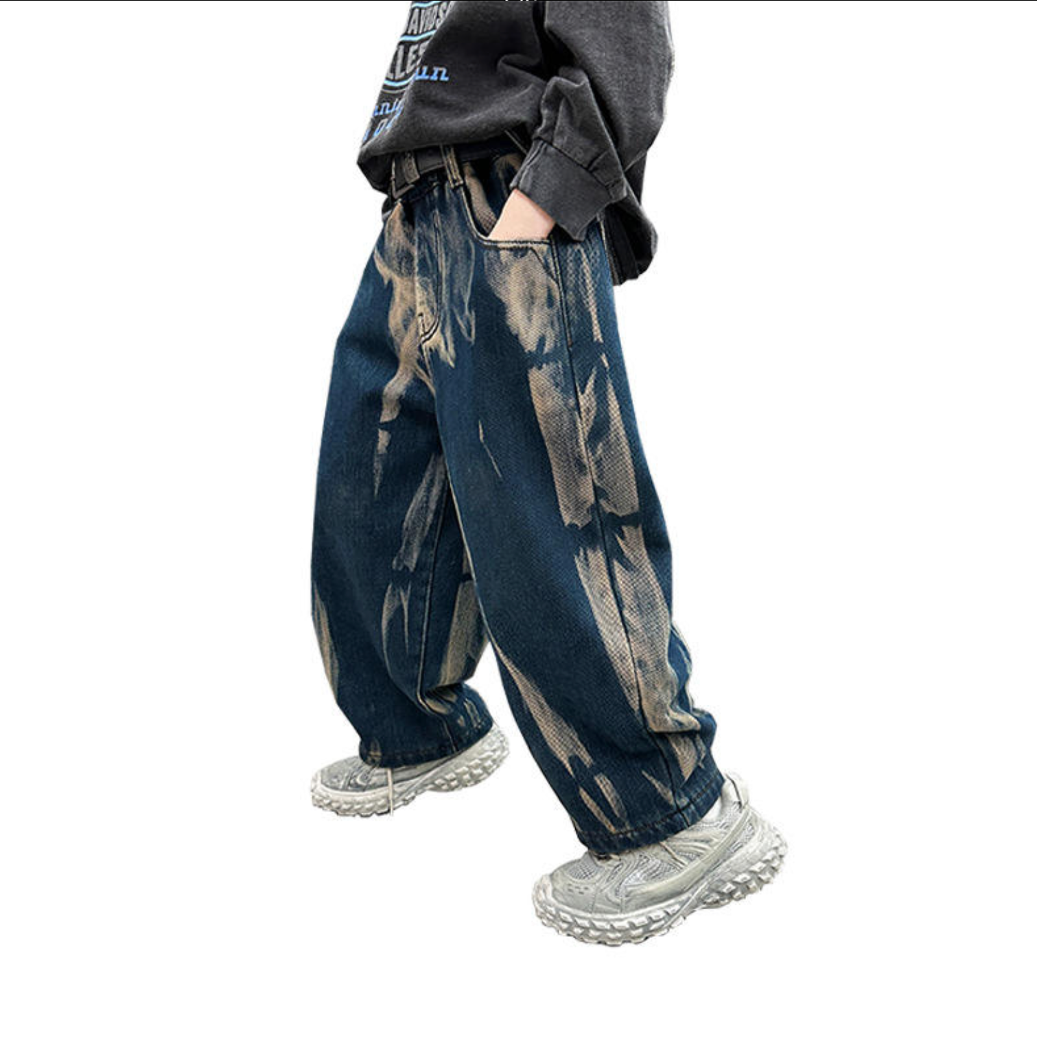 Korean Style Boys Baggy Marble Denim Jeans