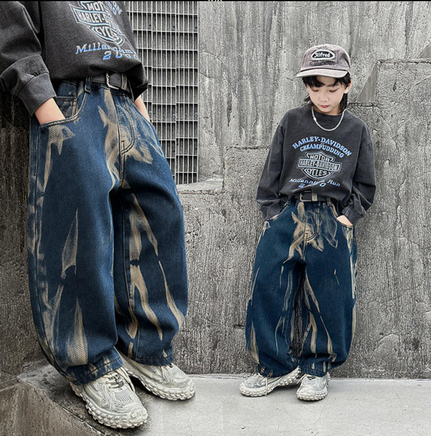 Korean Style Boys Baggy Marble Denim Jeans
