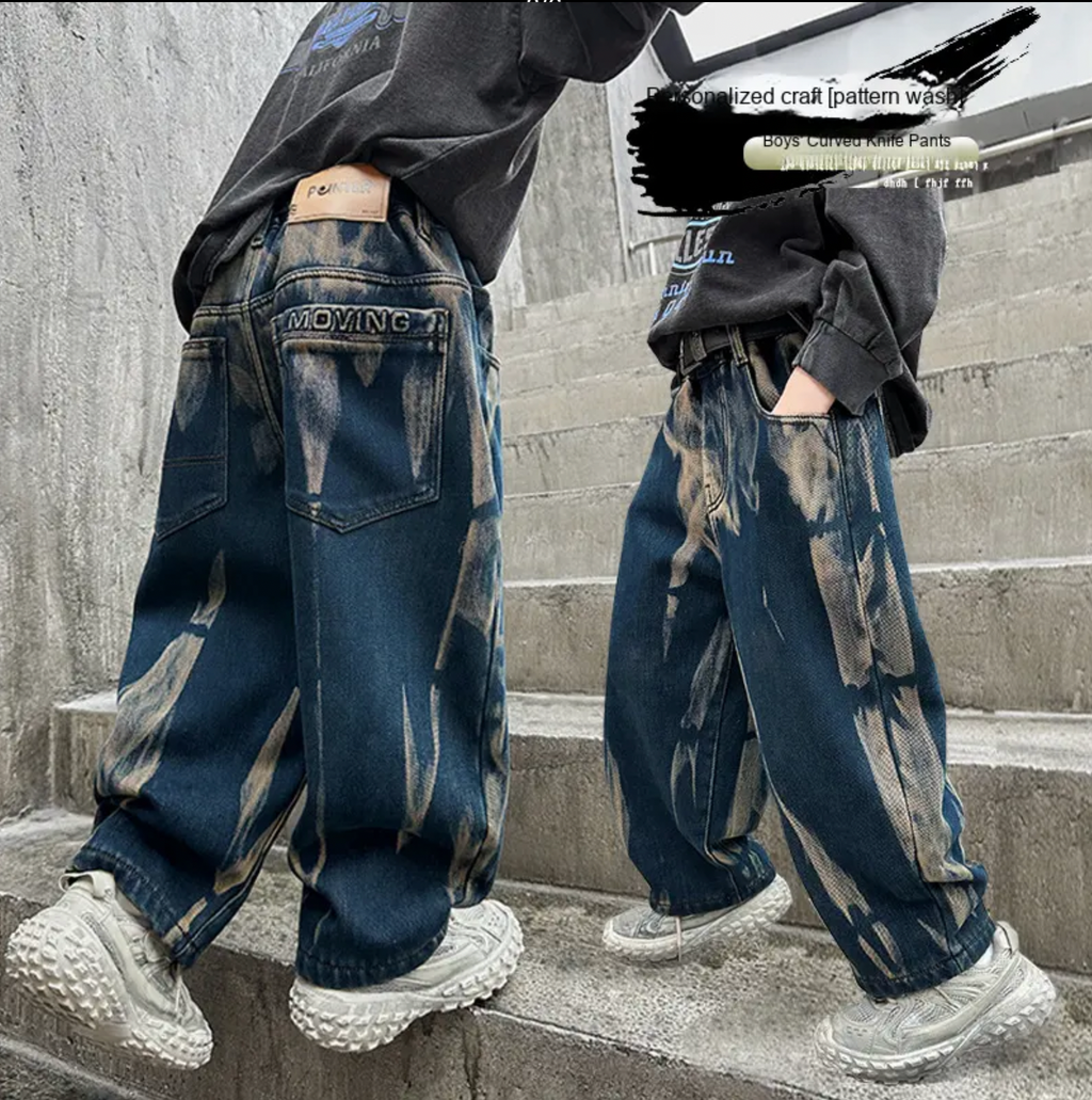 Korean Style Boys Baggy Marble Denim Jeans