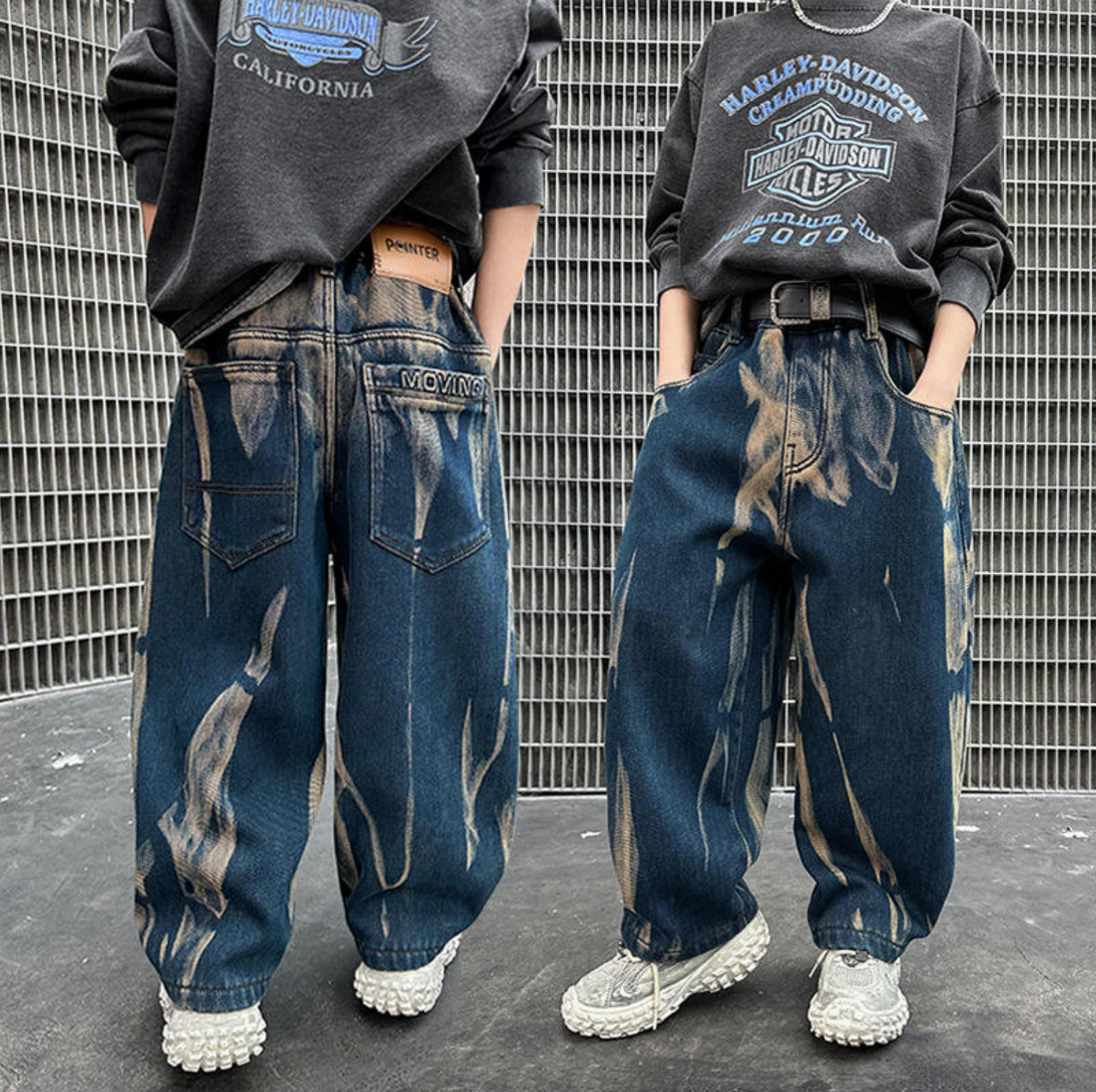 Korean Style Boys Baggy Marble Denim Jeans