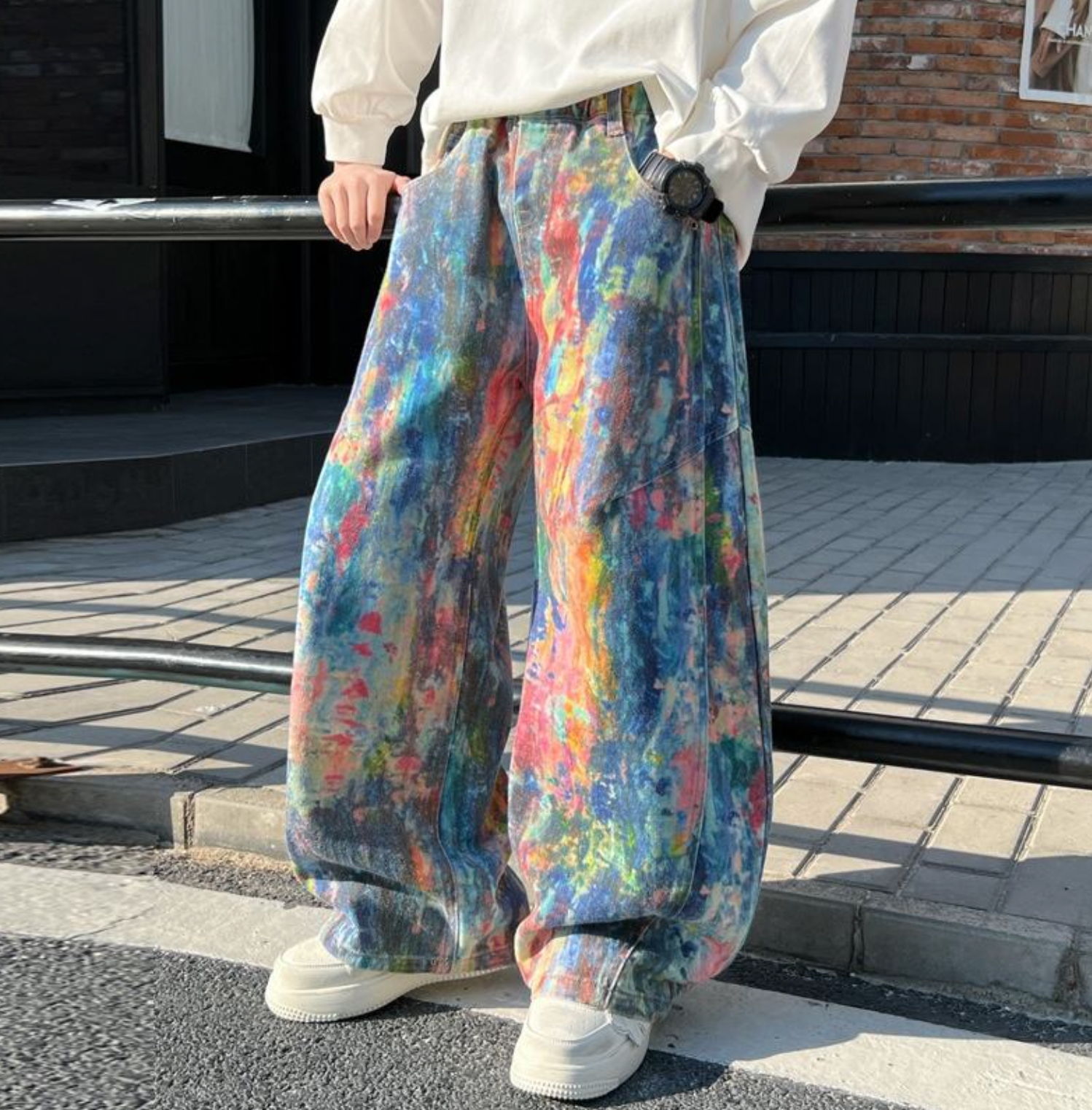 Boys Watercolour Print Wide Leg Jeans, High Waist