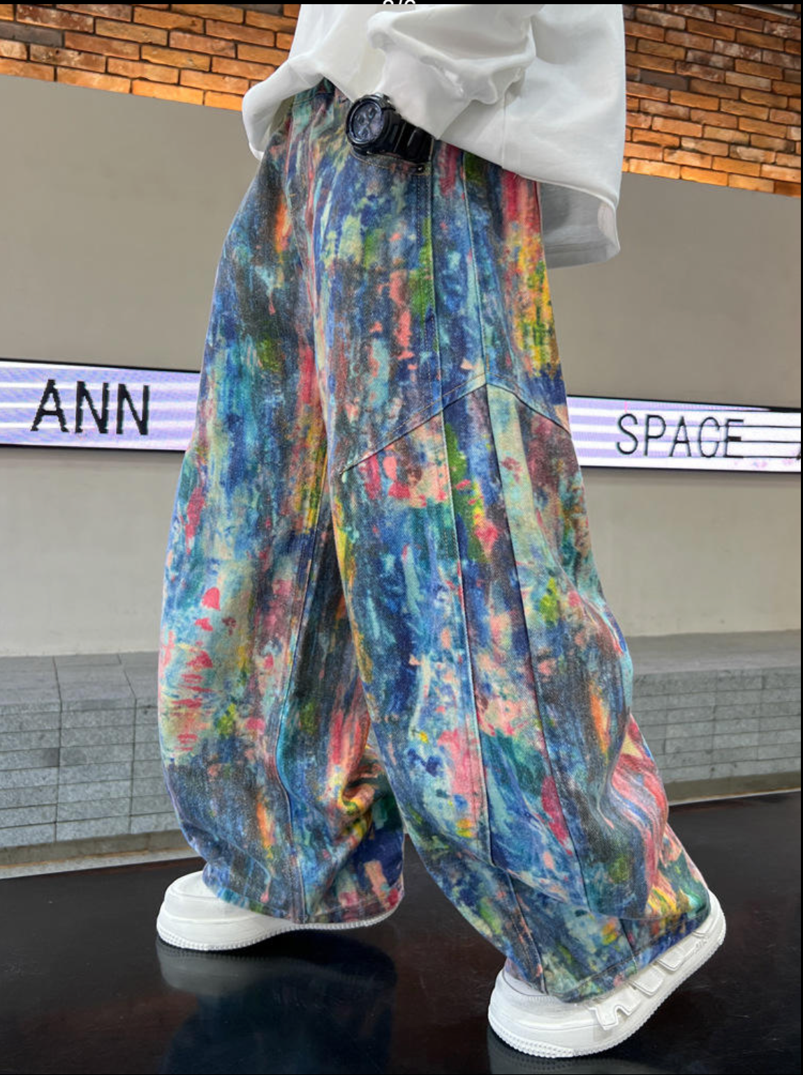 Boys Watercolour Print Wide Leg Jeans, High Waist