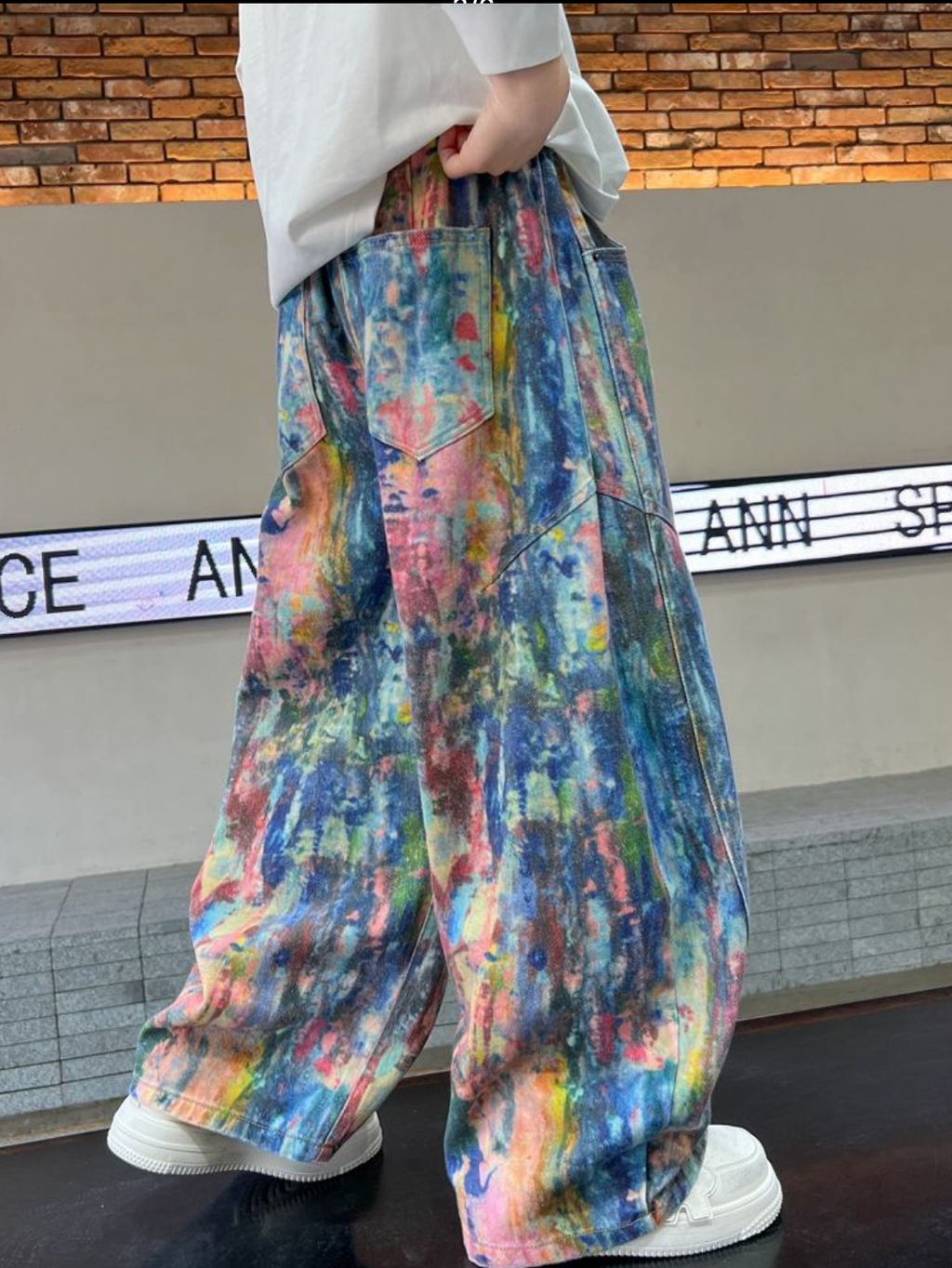 Boys Watercolour Print Wide Leg Jeans, High Waist