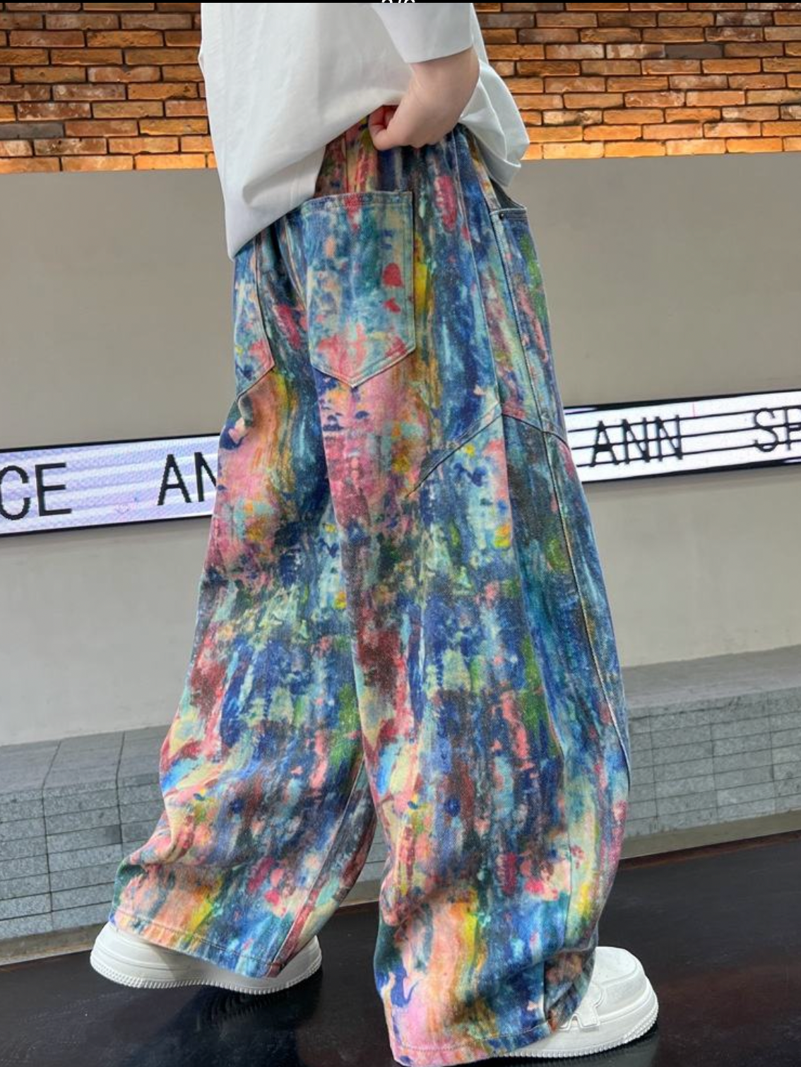 Boys Watercolour Print Wide Leg Jeans, High Waist