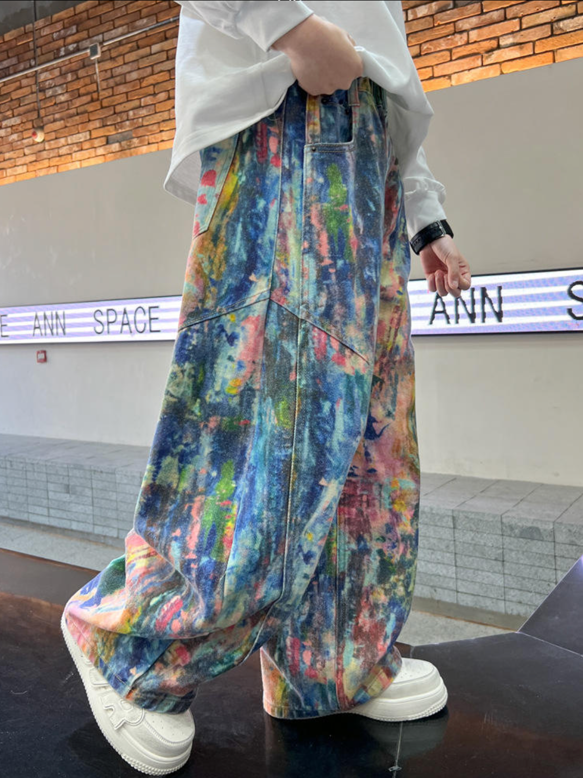 Boys Watercolour Print Wide Leg Jeans, High Waist