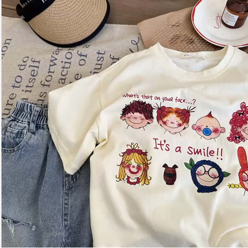Kids Cartoon Smile Printed Unisex T-Shirts – Grey and Off White