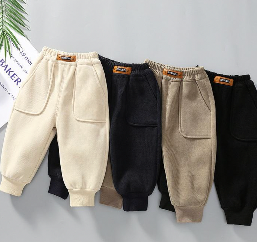 Winter New Boys Plus Fleece Solid Color Pocket Pants Boys Elastic Waistband Warm Pants
