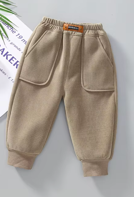 Winter New Boys Plus Fleece Solid Color Pocket Pants Boys Elastic Waistband Warm Pants