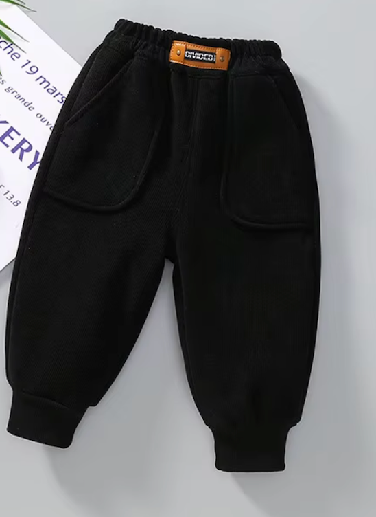 Winter New Boys Plus Fleece Solid Color Pocket Pants Boys Elastic Waistband Warm Pants