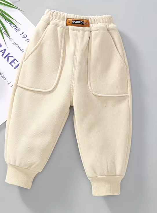 Winter New Boys Plus Fleece Solid Color Pocket Pants Boys Elastic Waistband Warm Pants