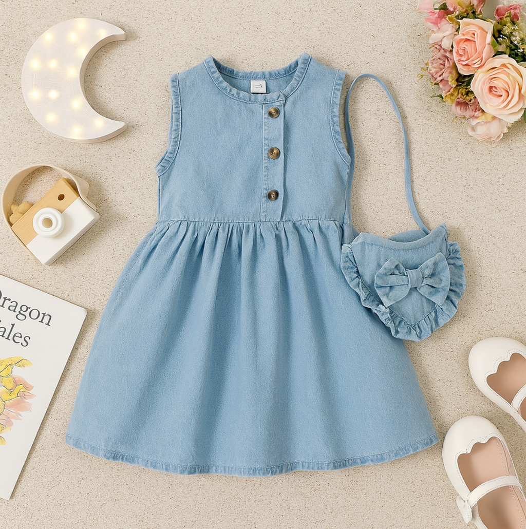 Adorable sleeveless denim dress for girls, complete with a matching ruffle purse!